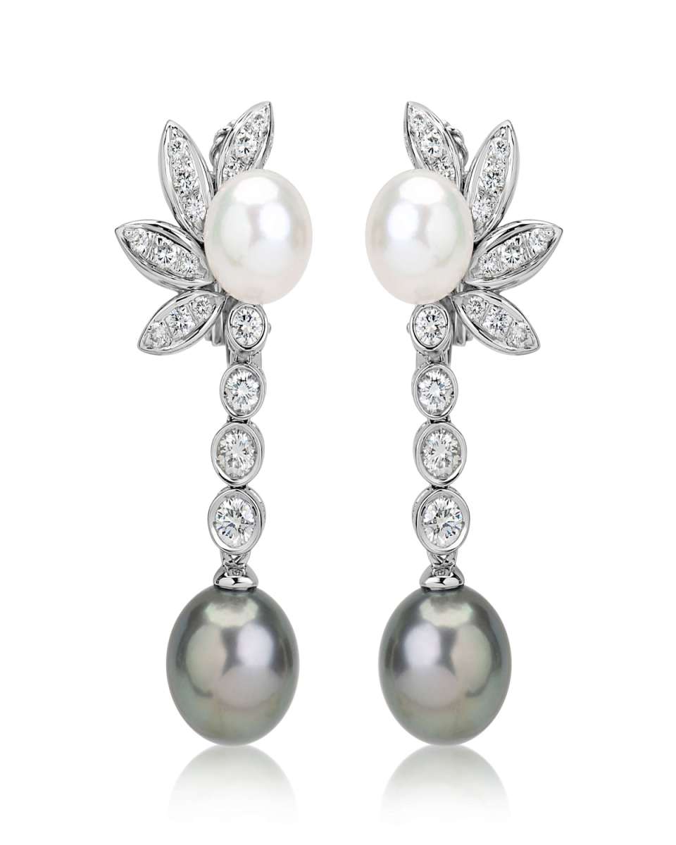 18K White Gold Diamond and Tahitian Pearl Drop Earrings
